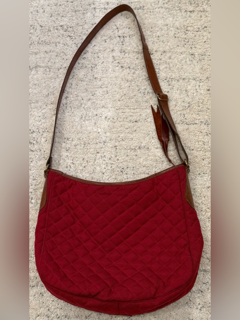 MZ Wallace Red Quilted Shoulder Bag Brown Leather Trim Adjustable Strap Purse